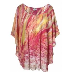 jm collection 3x Flowy Spring Colorful Flutter Lined Blouse Top Pink Yellow